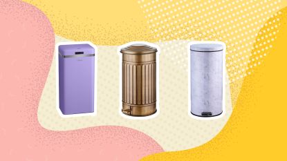 A selection of kitchen bins on yellow background